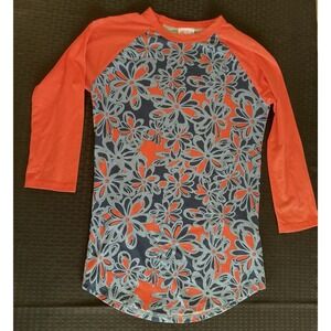 Lularoe Women's XXS "Randy" Raglan Sleeve Shirt - Blue and Orange Floral Pattern
